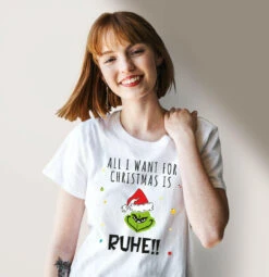 T-Shirt Damen - Grinch - All I Want For Christmas Is Ruhe! (Gesicht) -Geschenke Tassen Store bild t shirt damen grinch all i want for christmas is ruhe gesicht 233309